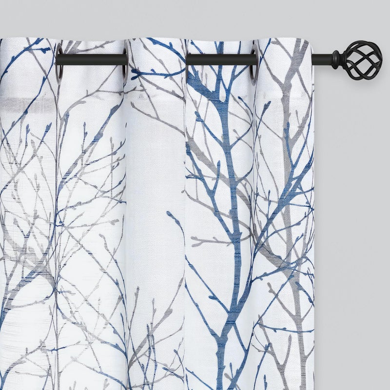 FMFUNCTEX Linen Semi Sheer Curtains for Bedroom, Blue White Curtains 54 Inches Long for Living Room, Grey Tree Branch Patterned Curtain Light Filtering Kitchen Window Drapes, Grommet Top 2 Panels - Image 1